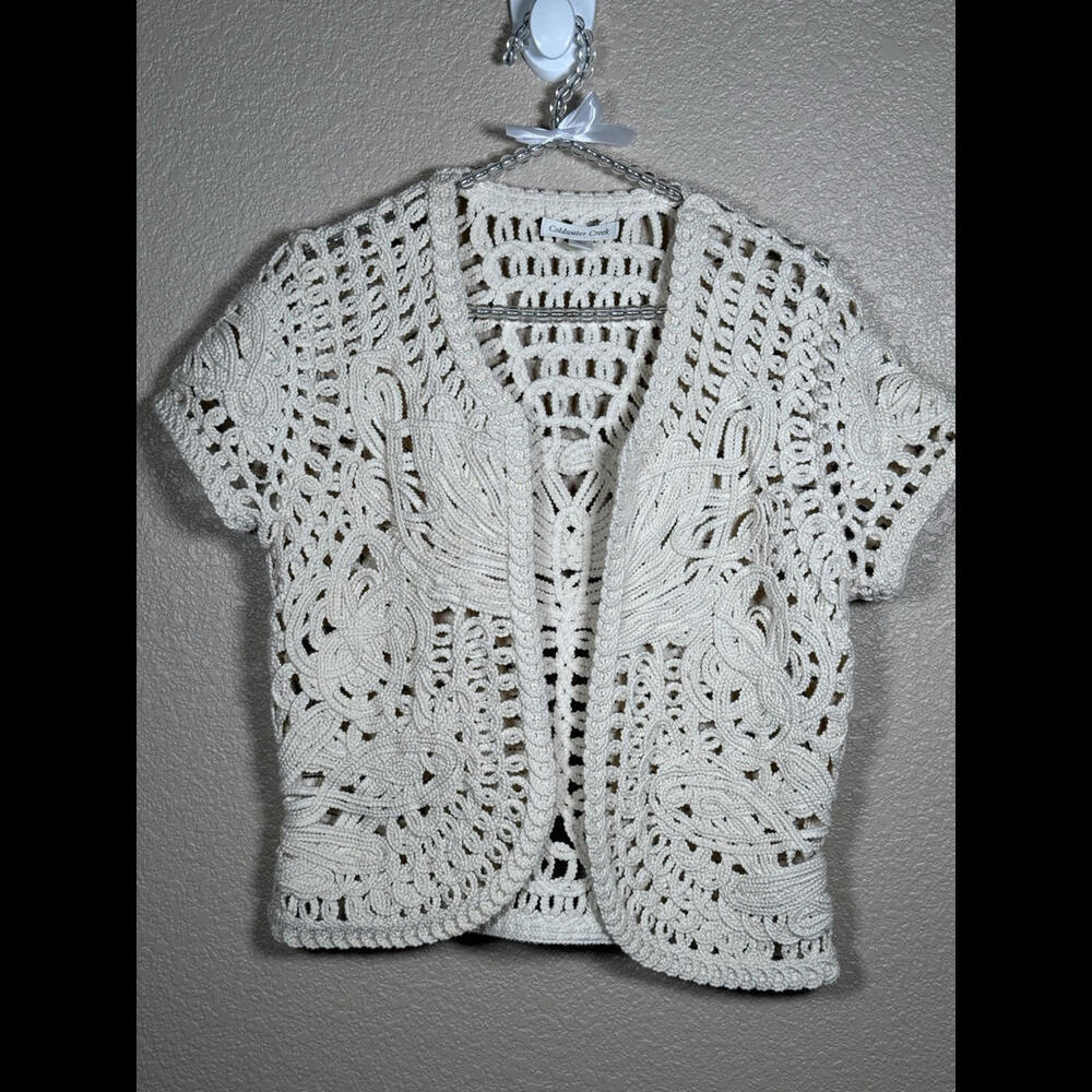 Coldwater Creek Cream Crocheted Size 6 Short Sleeve Cardigan Thick Knit